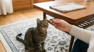 Gatto seduto vicino a un tavolo mentre una persona gli offre un premio