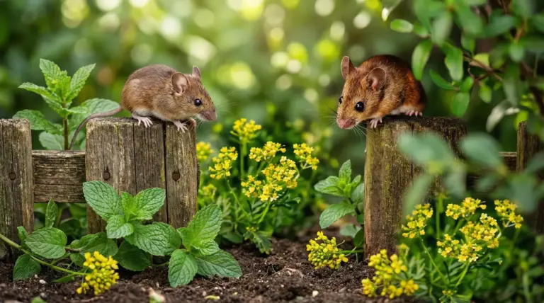 Due topi su una staccionata in legno in un giardino con menta e fiori gialli