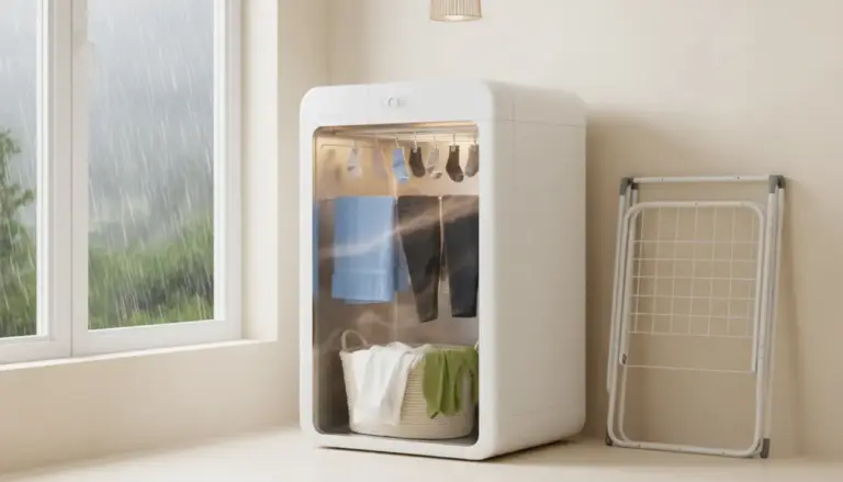 Asciugatrice domestica automatica con vestiti al chiuso in una giornata di pioggia