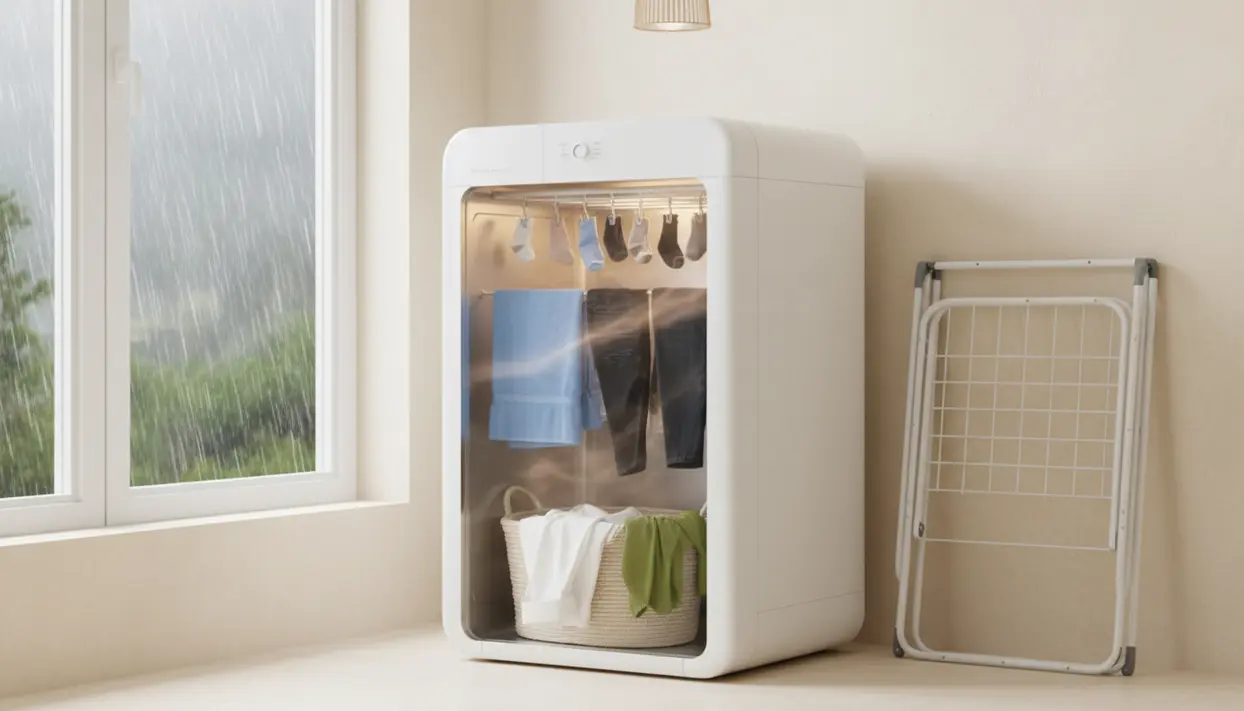 Asciugatrice domestica automatica con vestiti al chiuso in una giornata di pioggia