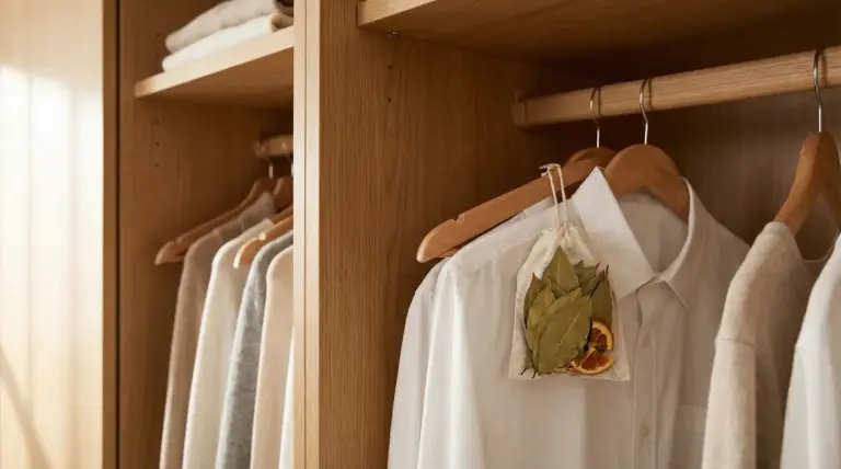 Camicia bianca appesa con un sacchetto di erbe aromatiche in un armadio di legno