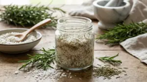 Vasetto di vetro con sale grosso e rosmarino su un tavolo di legno