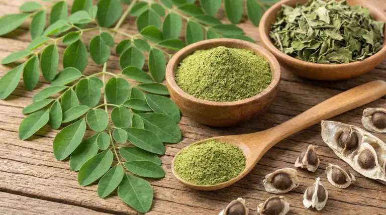 Foglie, semi e polvere di moringa disposti su un tavolo di legno