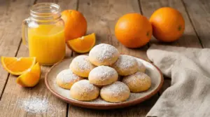 Biscotti all'arancia senza burro su piatto di ceramica con succo e arance fresche sullo sfondo