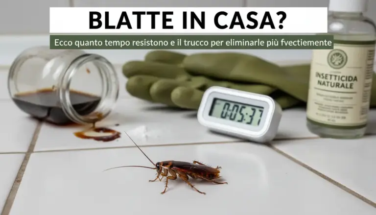 Blatta sul pavimento vicino a guanti, barattolo rovesciato, timer e insetticida naturale