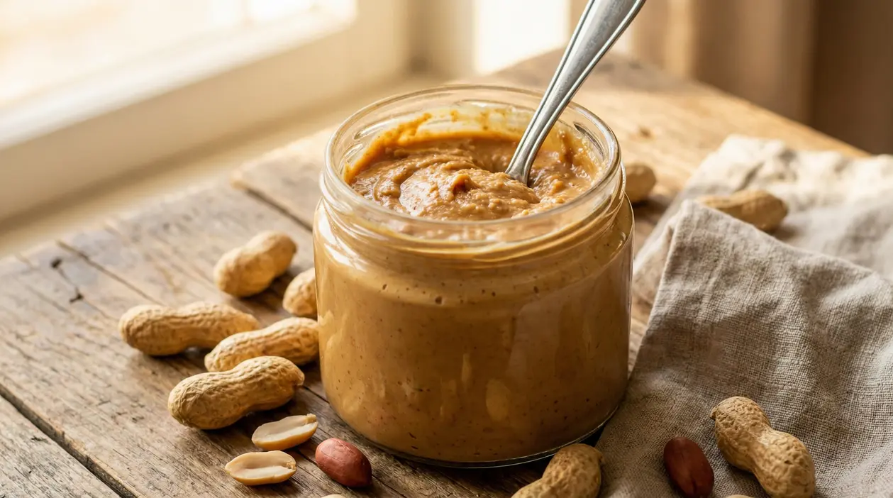 Vasetto di burro d’arachidi fatto in casa con arachidi sparse su un tavolo di legno