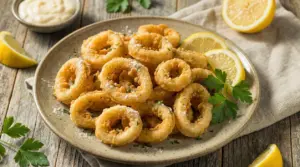 Piatto di calamari fritti dorati con fette di limone e prezzemolo su un tavolo rustico