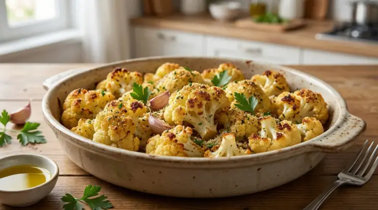 Cavolfiore al forno croccante in una teglia con aglio e prezzemolo