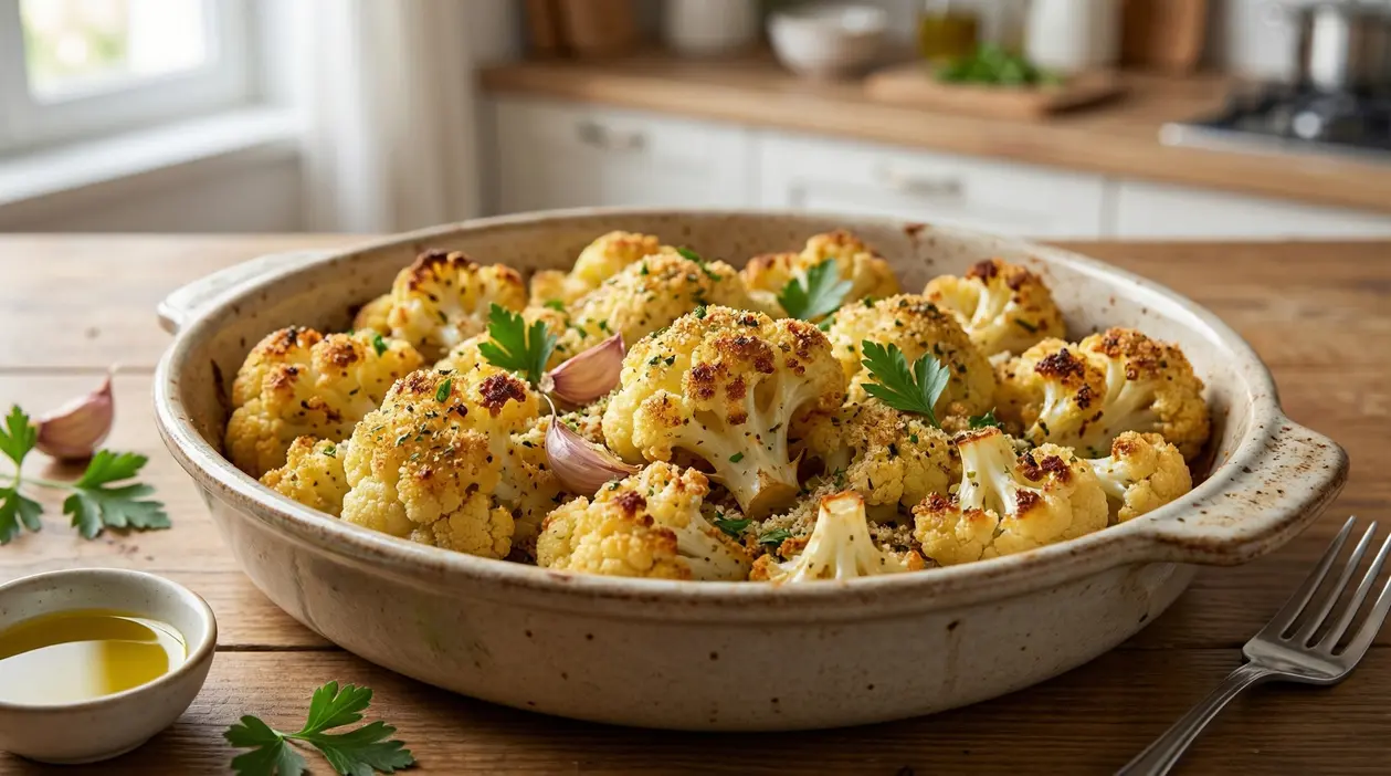 Cavolfiore al forno croccante in una teglia con aglio e prezzemolo