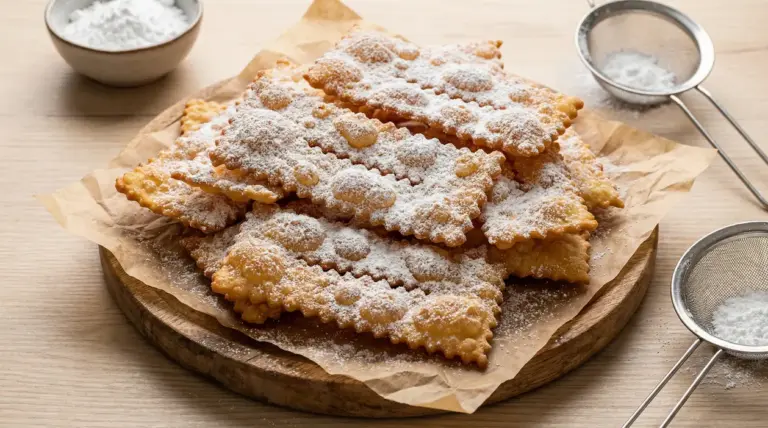Chiacchiere di Carnevale fritte e spolverate di zucchero a velo su carta forno