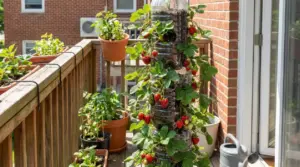 Fragole che crescono in verticale su bottiglie di plastica riciclate su un balcone