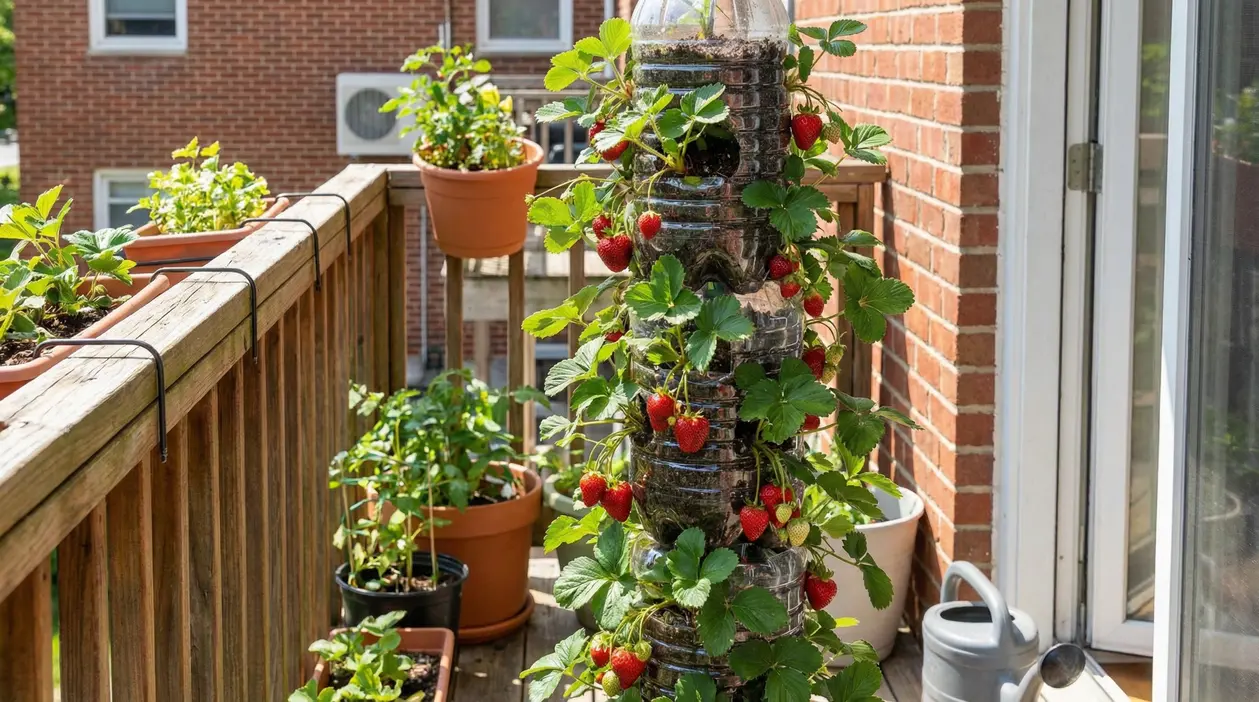 Fragole che crescono in verticale su bottiglie di plastica riciclate su un balcone