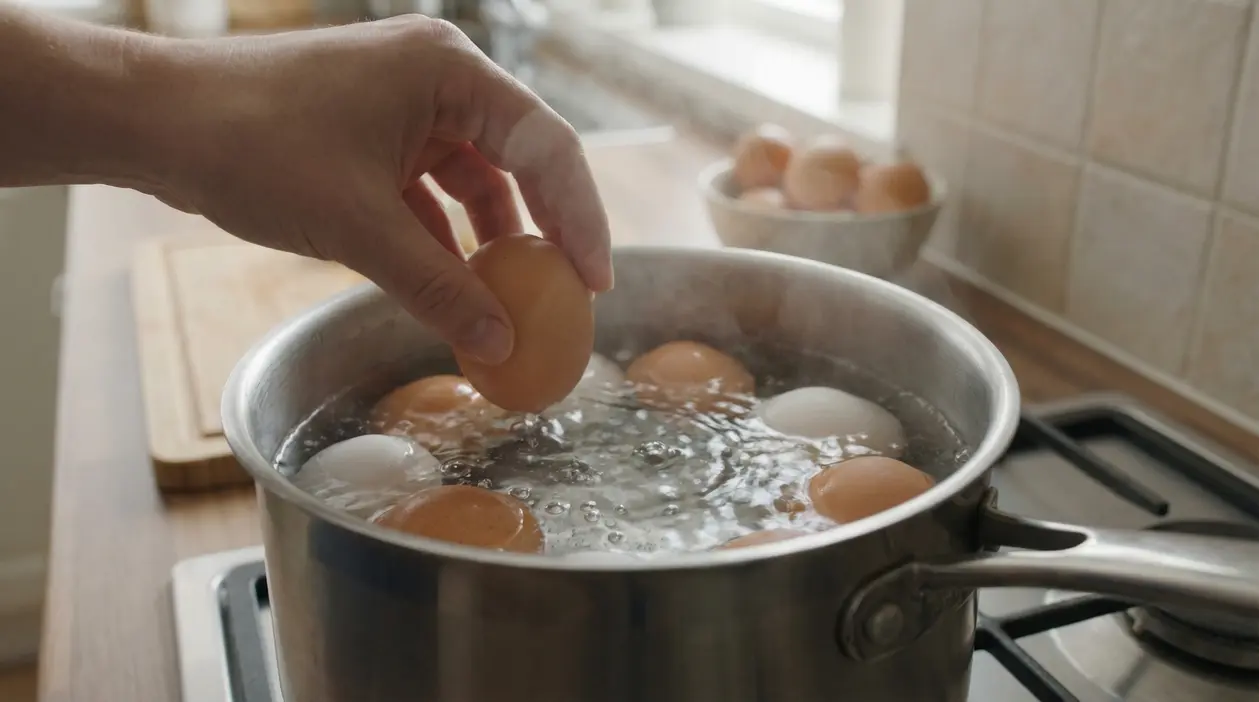 Una mano inserisce un uovo in un pentolino con acqua bollente su un fornello