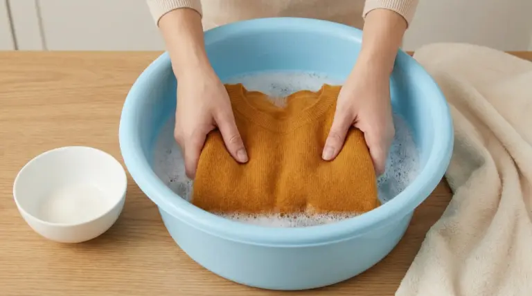 Mani che lavano a mano un maglione di cashmere in una bacinella con acqua saponata