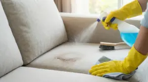 Mani con guanti gialli puliscono un divano macchiato con uno spray e un panno