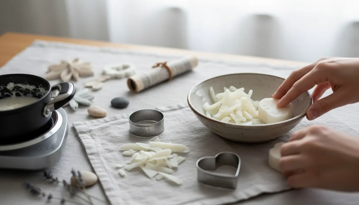 Mani che lavorano con residui di saponetta su un tavolo con ciotola, formine e un pentolino.