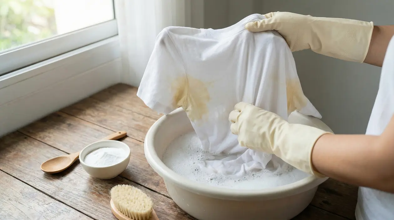 Persona con guanti pulisce una maglietta con macchie di sudore in una bacinella con acqua saponata