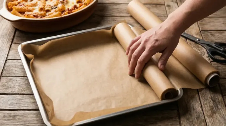 Una mano stende carta da forno su una teglia sopra un tavolo di legno