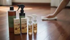 Prodotti per la pulizia del legno su un pavimento con una mano che pulisce con un panno