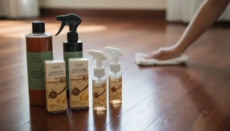 Prodotti per la pulizia del legno su un pavimento con una mano che pulisce con un panno