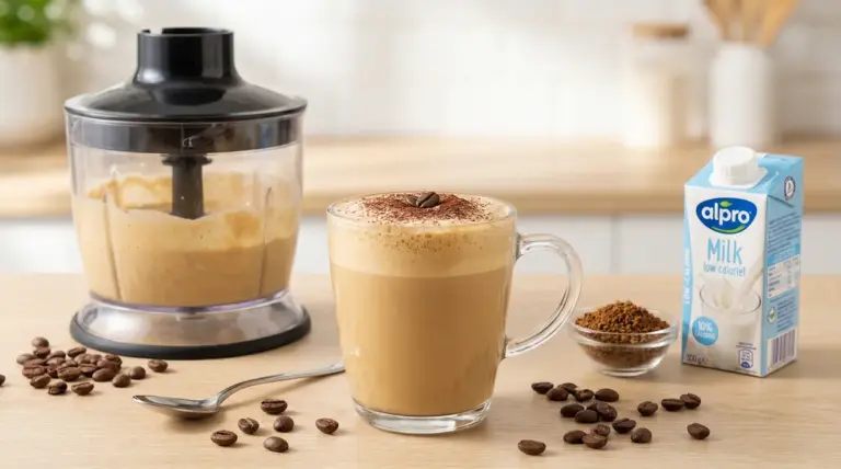 Crema al caffè servita in una tazza di vetro con frullatore e ingredienti sullo sfondo