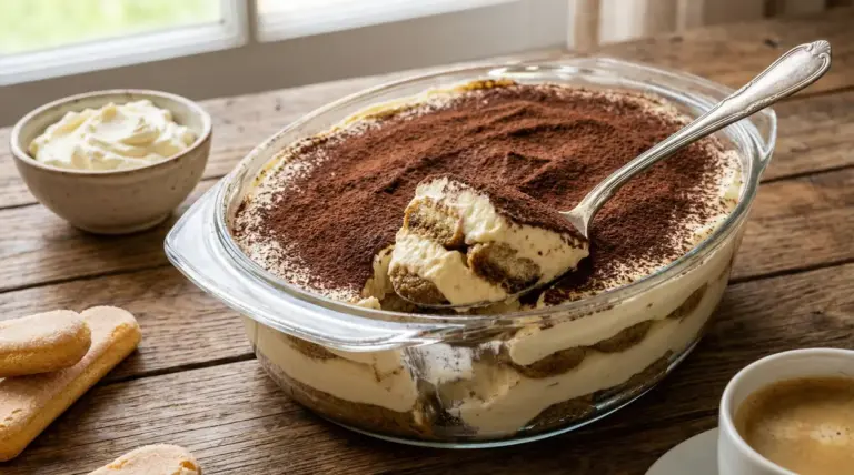 Tiramisù fatto in casa con crema al mascarpone in una teglia di vetro su tavolo rustico