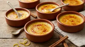 Crema catalana servita in ciotole di terracotta con crosta caramellata dorata