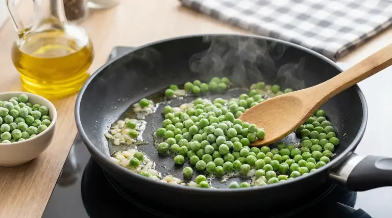 Piselli surgelati in cottura in padella con cipolla e olio d'oliva