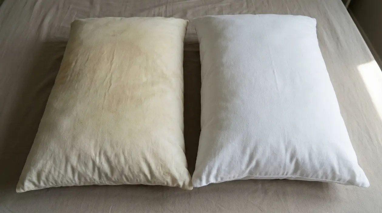 Due cuscini su un letto, uno visibilmente ingiallito e l'altro bianco e pulito