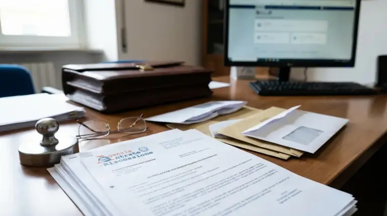 Documenti dell'Agenzia Entrate-Riscossione su una scrivania con computer e occhiali