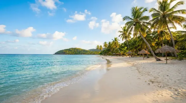 Spiaggia tropicale con sabbia chiara, palme e mare calmo sotto cielo sereno