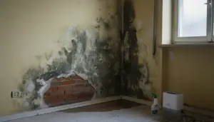 Parete interna con grave problema di umidità e muffa nera vicino a una finestra