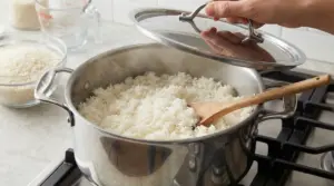 Riso cotto in una pentola d'acciaio su un fornello, mescolato con un cucchiaio di legno