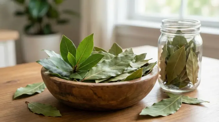 Foglie di alloro fresche in una ciotola di legno accanto a un barattolo di vetro su un tavolo.