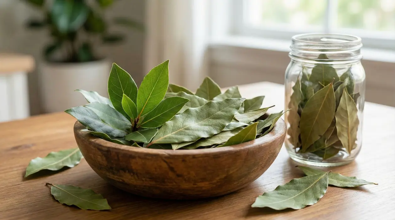 Foglie di alloro fresche in una ciotola di legno accanto a un barattolo di vetro su un tavolo.