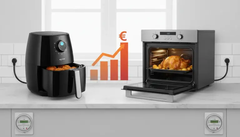 Friggitrice ad aria e forno elettrico affiancati su un piano cucina con grafico dei costi energetici