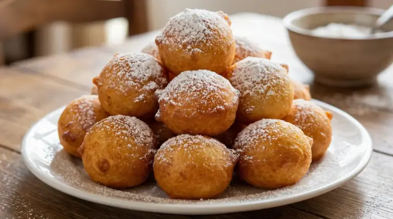 Piatto di frittelle di Carnevale dorate e spolverate con zucchero a velo