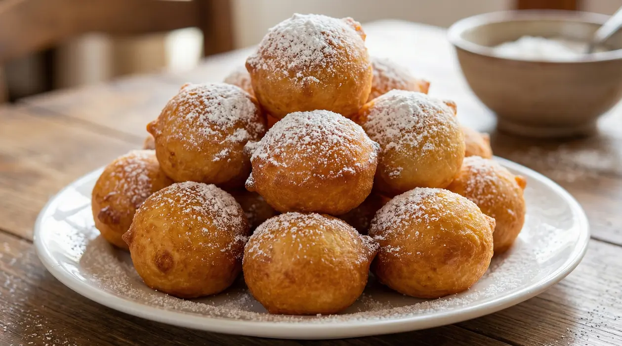 Piatto di frittelle di Carnevale dorate e spolverate con zucchero a velo
