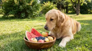 Cane che osserva una ciotola di frutta in giardino