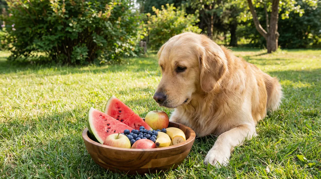 Cane che osserva una ciotola di frutta in giardino