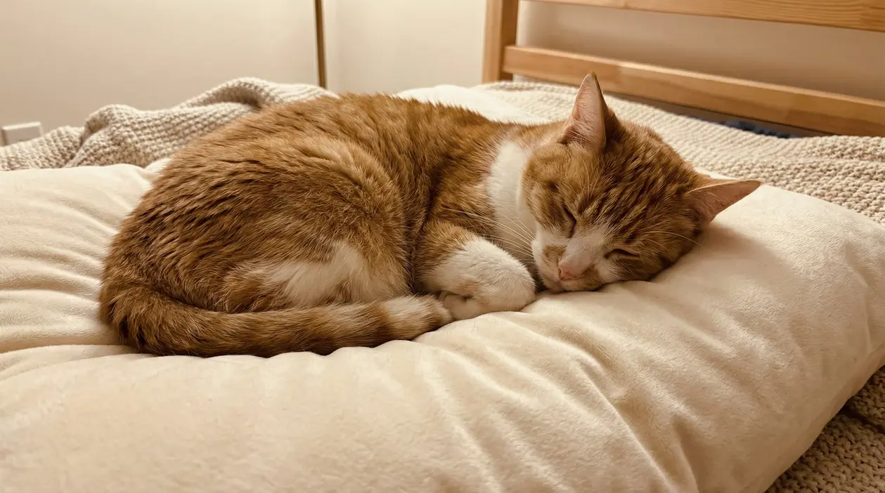 Gatto anziano che dorme su un cuscino morbido in una stanza tranquilla