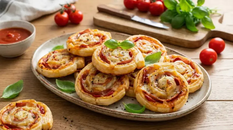 Girelle di pasta sfoglia salate con pomodoro e formaggio su un piatto di ceramica