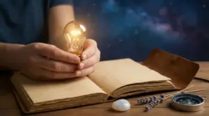 Mani che tengono una lampadina accesa sopra un libro aperto su un tavolo