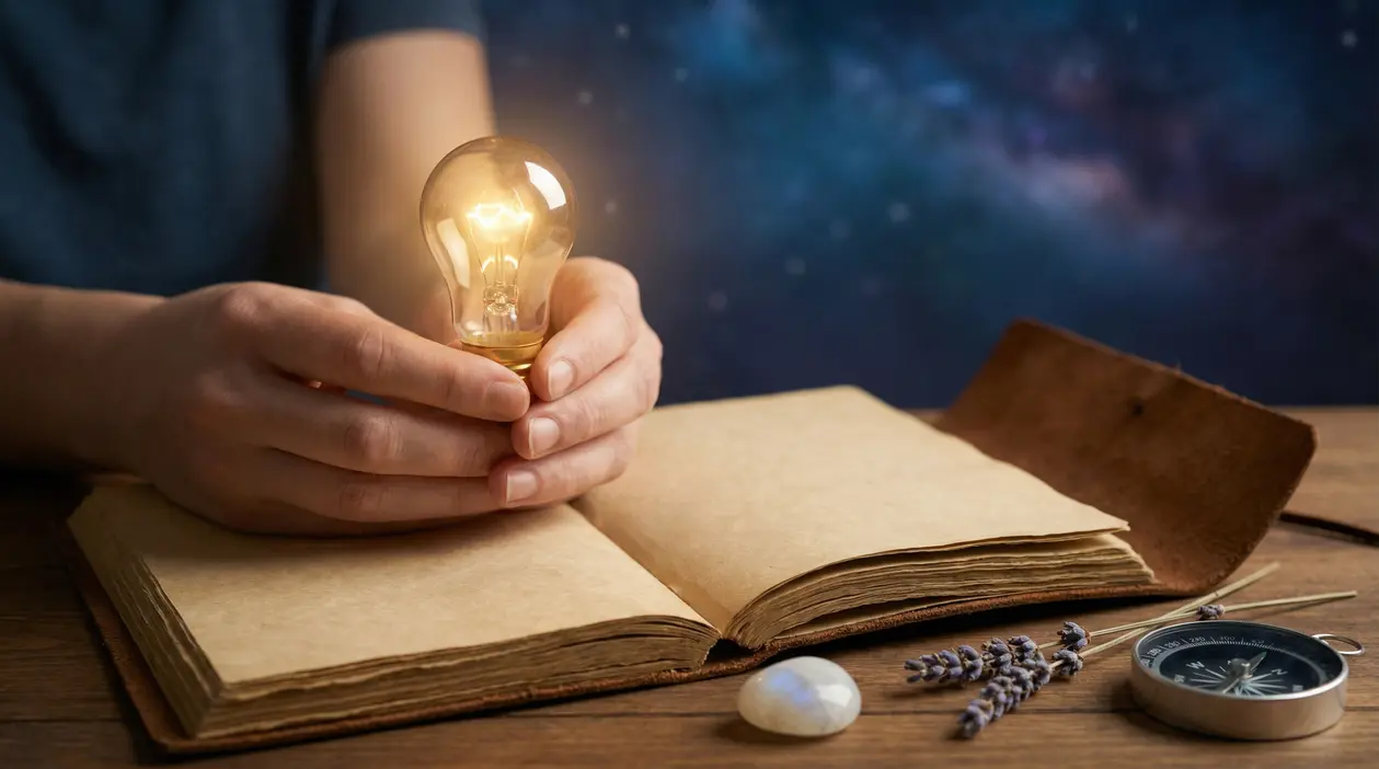 Mani che tengono una lampadina accesa sopra un libro aperto su un tavolo