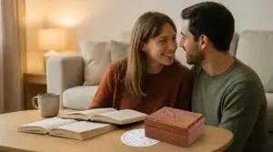 Coppia sorridente seduta insieme con libri e simboli zodiacali sul tavolo