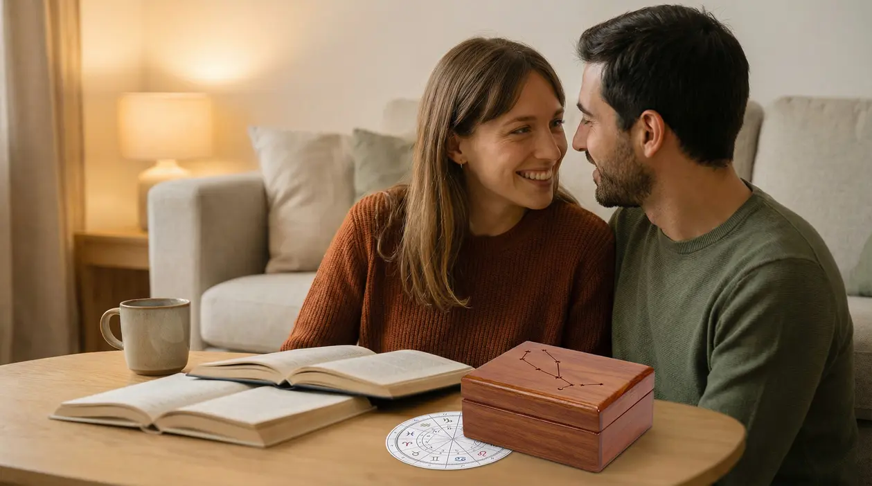 Coppia sorridente seduta insieme con libri e simboli zodiacali sul tavolo