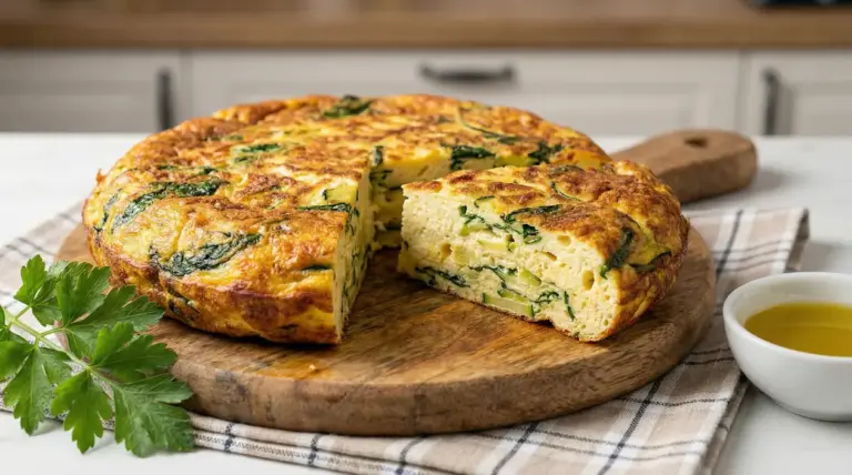Frittata alta e soffice con verdure tagliata a fette su un tagliere di legno