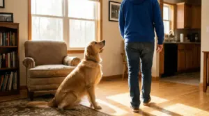 Cane in salotto guarda una persona che cammina via