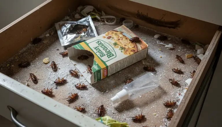 Cassetto infestato da blatte con residui di cibo e oggetti sparsi