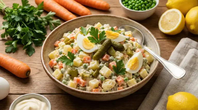 Insalata russa servita in una ciotola con uova sode, cetriolini e prezzemolo fresco